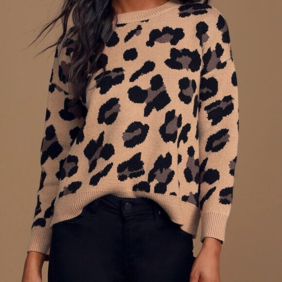 3/$25 Lulus Roam Free Leopard Print Pullover Sweater M / L Womens Black Tan - Picture 1 of 12
